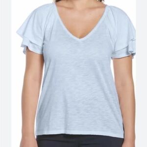 Rafaella Women's V-Neck  Knit Top. Light Blue, Flounce sleeve Large NWT